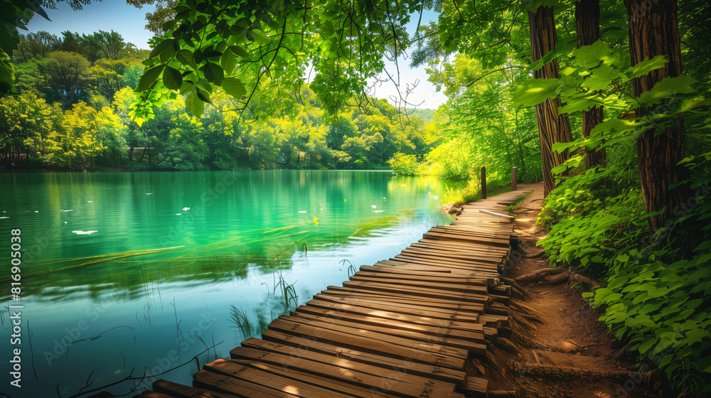 A serene lakeside scene featuring a wooden boardwalk winding through lush, green forest. The calm, turquoise water of the lake reflects the surrounding trees and foliage. A serene lakeside scene featuring a wooden boardwalk winding through lush, green forest. The calm, turquoise water of the lake reflects the surrounding trees and foliage.
