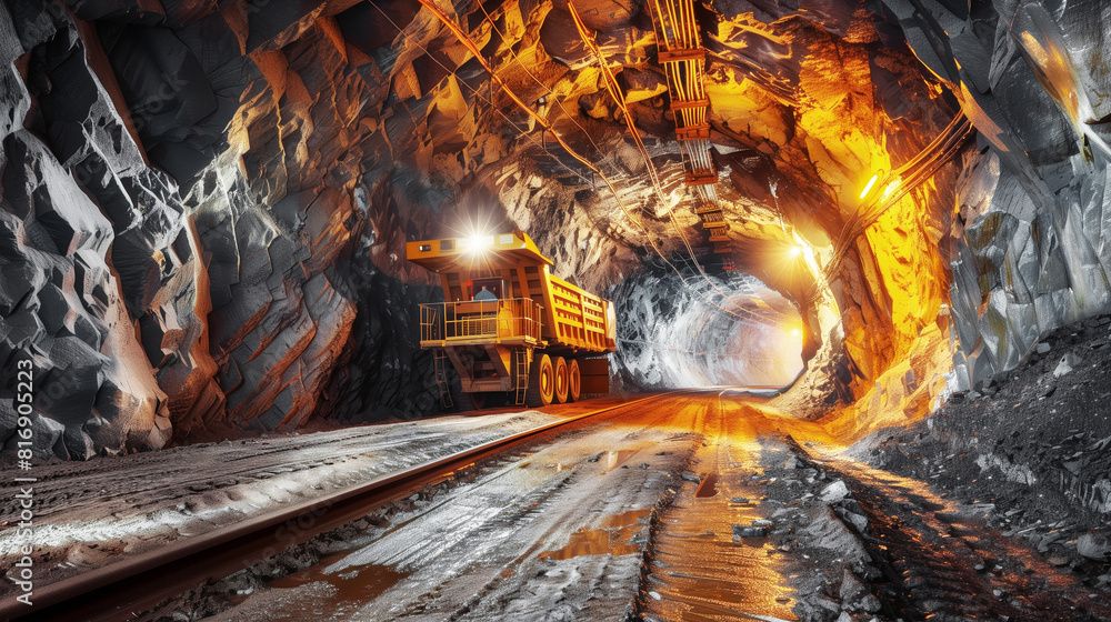 Naklejka premium A large mining truck is illuminated inside a rugged underground mine tunnel, showcasing industrial equipment and rocky walls with dynamic lighting.