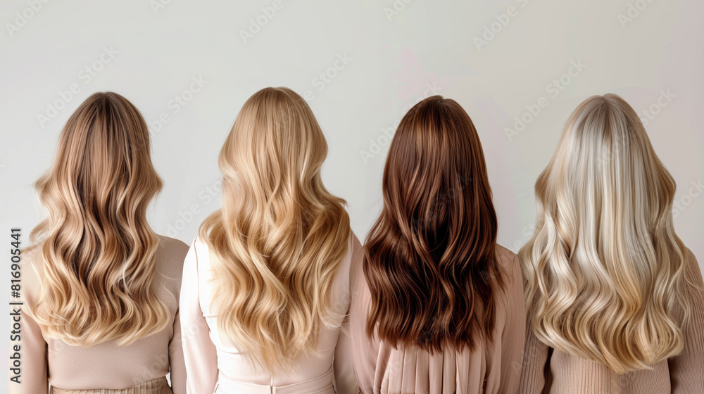 The image shows the backs of four women with long wavy hair in different shades: light brown, blonde, brown, and platinum. They are wearing different neutral-colored tops. The image shows the backs of four women with long wavy hair in different shades: light brown, blonde, brown, and platinum. They are wearing different neutral-colored tops.