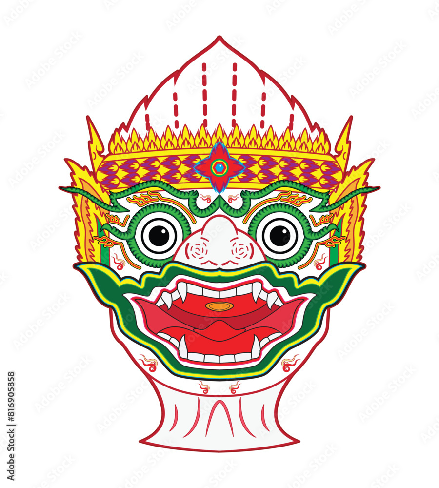 Head or mask of Hanuman or Anjaneya Hindu god characters in Ramayana Mahabharata or Ramakien in Thailand famous epic or Thai style art drama called Khon drawing in colorful cartoon vector Head or mask of Hanuman or Anjaneya Hindu god characters in Ramayana Mahabharata or Ramakien in Thailand famous epic or Thai style art drama called Khon drawing in colorful cartoon vector