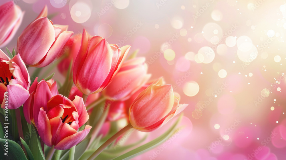 Banner, mockup: beautiful pink tulips on a blurred spring sunny background. Hot pink floral background, texture for design, greeting card, copy space. International Women's Day.