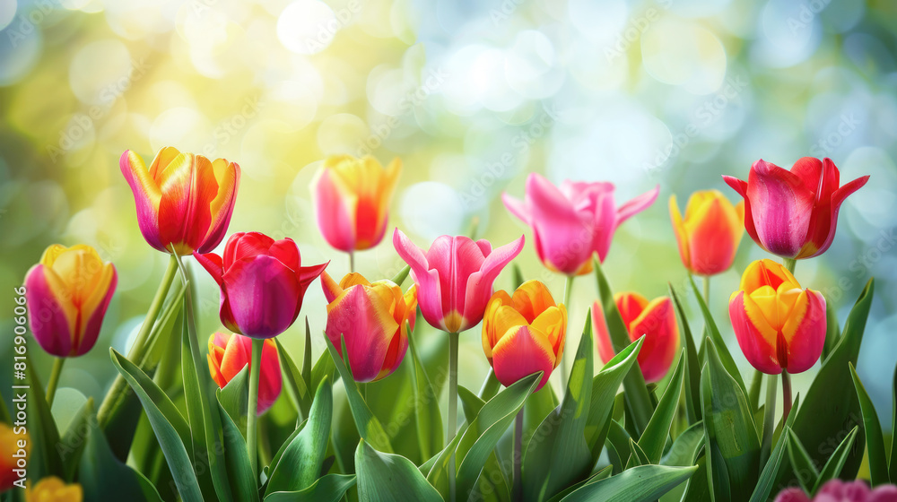 Mockup, beautiful pink tulips growing in a field on a blurred spring sunny background. Floral background, texture for design, greeting card, copy space. International Women's Day. Mockup, beautiful pink tulips growing in a field on a blurred spring sunny background. Floral background, texture for design, greeting card, copy space. International Women's Day.