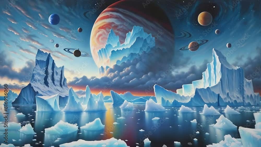 A painting of a planet with a large blue and white sphere in the middle ...