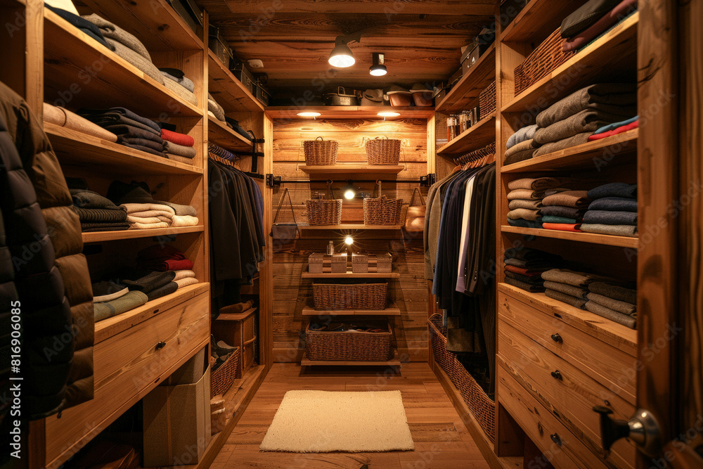 Obraz premium A walk-in closet filled with a large quantity of clothes, neatly organized on shelves and hangers