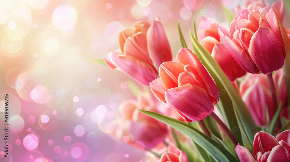 Mockup, beautiful pink tulips on a blurred spring sunny background. Hot pink floral background, texture for design, greeting card, copy space. International Women's Day. Mockup, beautiful pink tulips on a blurred spring sunny background. Hot pink floral background, texture for design, greeting card, copy space. International Women's Day.