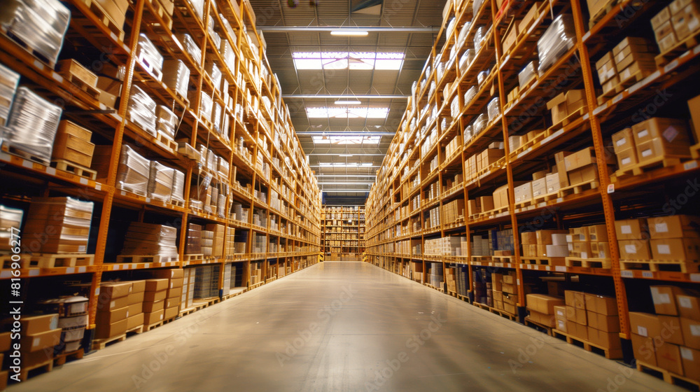 A spacious warehouse aisle lined with tall shelves filled with numerous cardboard boxes and pallets, indicating a well-organized storage facility under a brightly lit ceiling.