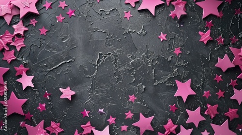 Abstract background with pink stars on a textured dark surface with space for text. holiday, holiday design and graphic projects.