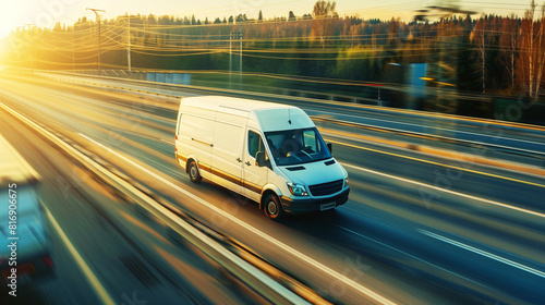 White delivery van driving at high speed on a highway during sunset, with blurred background creating a motion effect. photo