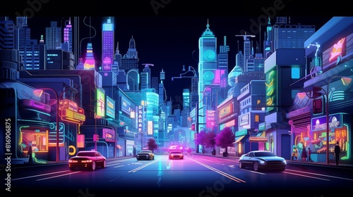 3D papercut urban street  detailed buildings and cars  neon night