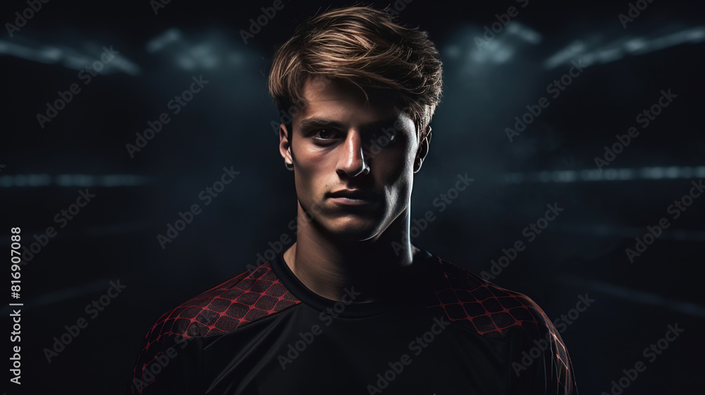 portrait of a young handsome soccer player dressed in uniform with a ball on a dark background with space for text on the background of the stadium portrait of a young handsome soccer player dressed in uniform with a ball on a dark background with space for text on the background of the stadium