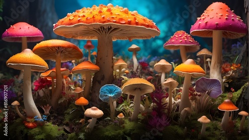 A vibrant and colorful mushroom forest, with towering fungi of all shapes and sizes, each one unique and bursting with life. © Waqasiii_Arts 