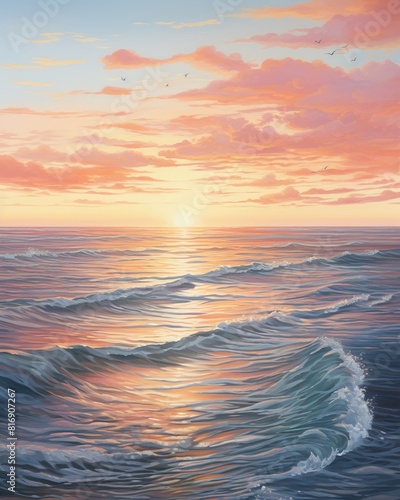 Handdrafted seascape, illustrative style, tranquil waves, pastel sunset, wide shot photo