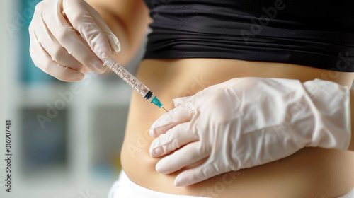 A person wearing gloves is administering an injection to their abdomen, suggesting a self-injection procedure. The image focuses on the hands and the injection site.