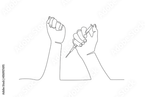 The hand that will inject drugs is in the other hand.Anti drug day one-line drawing