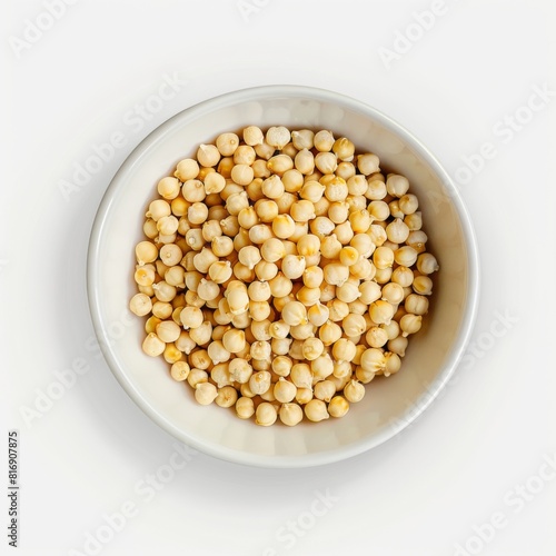 White bowl filled with chickpeas on a plain white background