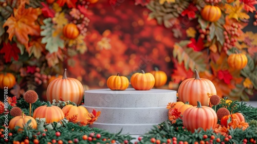 Create a realistic image of a concrete podium set in a fall backdrop