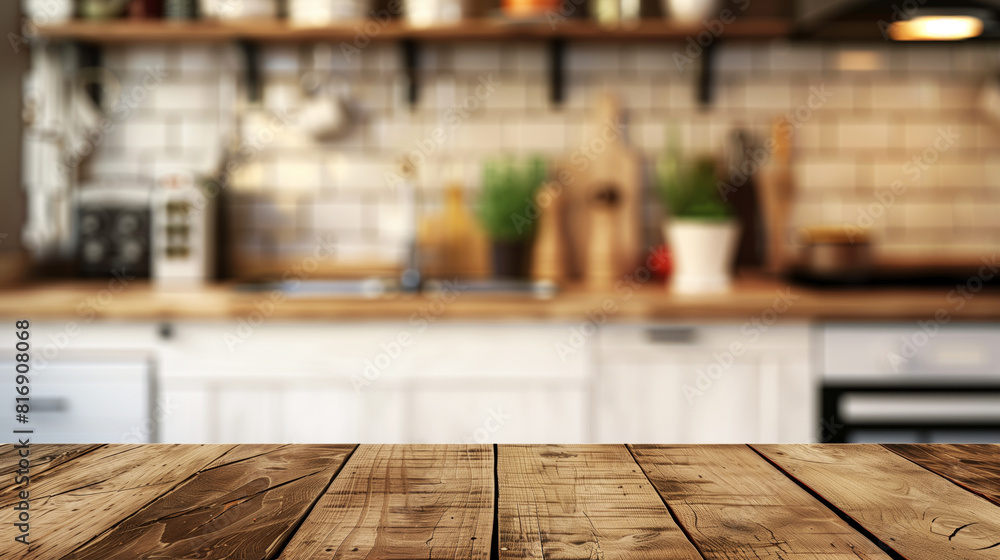 Wooden table in the foreground with a blurred image of a modern kitchen in the background. The kitchen features wooden countertops, white cabinets, and various cookware and plants. Wooden table in the foreground with a blurred image of a modern kitchen in the background. The kitchen features wooden countertops, white cabinets, and various cookware and plants.