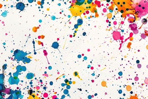 Fototapeta Naklejka Na Ścianę i Meble -  Colorful paint splatter pattern with vivid hues on white.