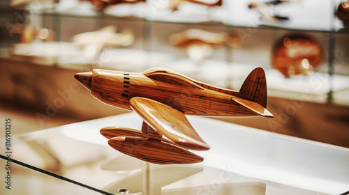 Wooden model airplane displayed on a glass shelf in a well-lit showcase. The model has a sleek, polished finish, with a distinctive mid-century design. photo