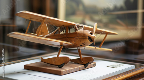 A detailed wooden model of a vintage biplane is displayed on a stand in a museum or exhibition setting.