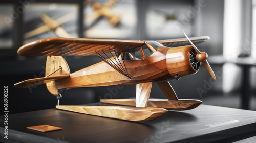 Intricate wooden model of a seaplane displayed indoors. The detailed craftsmanship of the seaplane replica showcases polished woodwork and precise design elements. photo