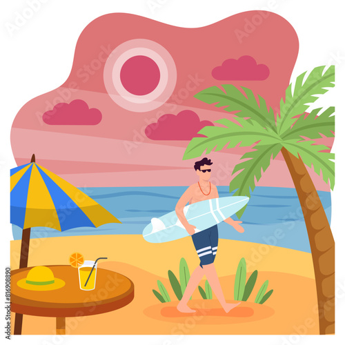 Person holding surfboards and preparing to surf concept  Taking  walk at beach vector colorful design  Nature and landscape postcard  Scenic Summer Season Vibes Sign  Idyllic Remote stock illustration