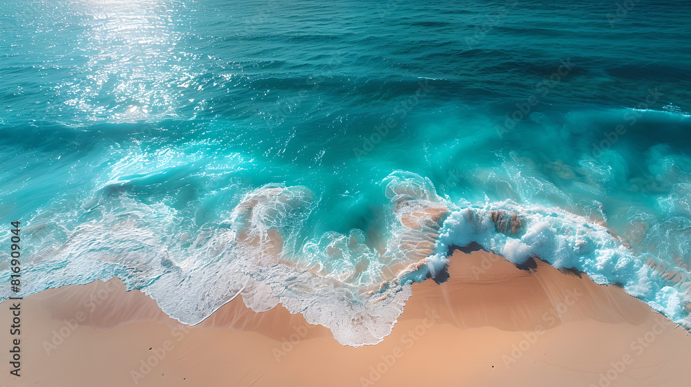 Fotografie Sparkling Ocean Waves Meeting Tropical Sandy Beach, Generative AI