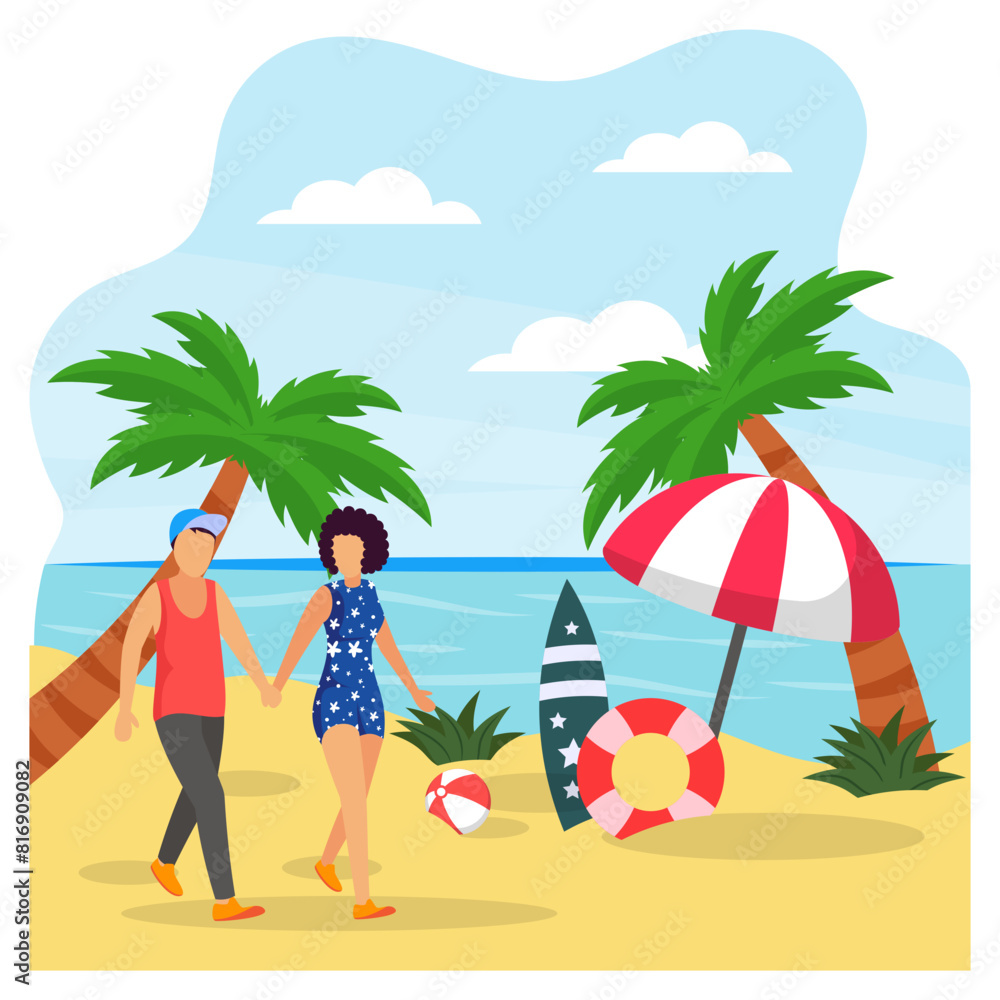 Couples walking along the coast concept, walk on a beach, summer vacation vector colorful design, Nature and landscape postcard, Scenic Warm Season Vibes Sign, Idyllic Remote Resort stock illustration
