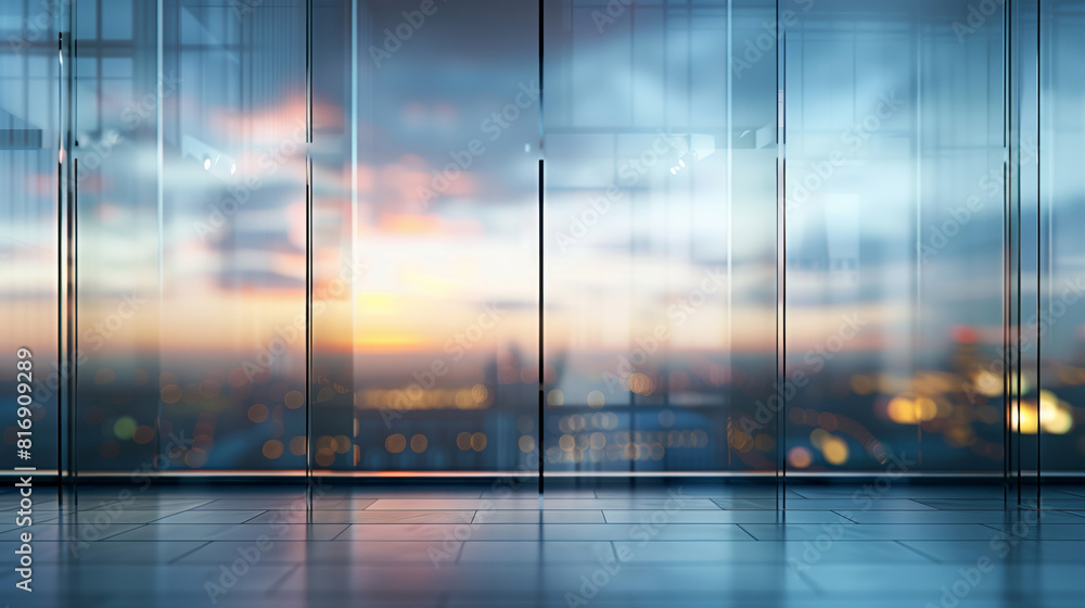 Fototapeta premium Modern empty office space with large glass windows offering a view of a city skyline at sunset. The clean, reflective surfaces and soft evening light create a serene atmosphere.