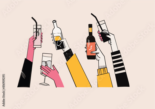 A group of people celebrating holding alcoholic drinks. Friends toasting with drinks