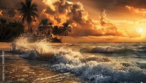 Sunset at the beach  golden hour lighting  soft waves gently rolling onto the shore  palm trees silhouetted