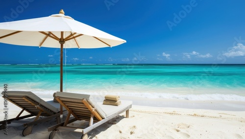 A beautiful and serene beach landscape, featuring multiple sun umbrella and have two wooden chairs each, clear blue sea and a bright blue sky