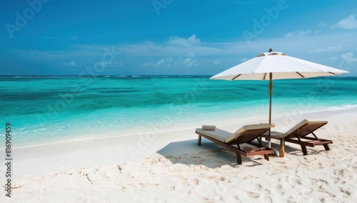 A beautiful and serene beach landscape  featuring multiple sun umbrella and have two wooden chairs each  clear blue sea and a bright blue sky