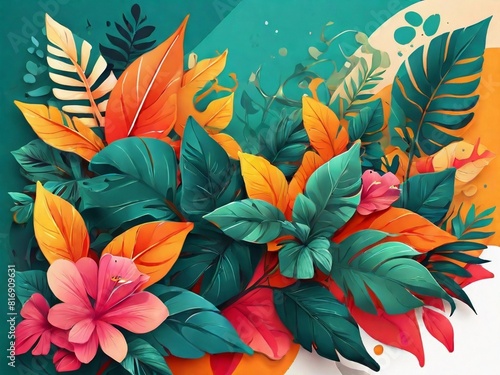 Summer concept design  abstract illustration with jungle exotic leaves  colorful design  summer  background