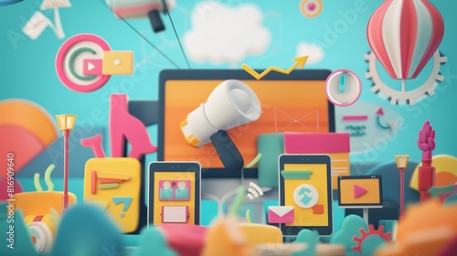 Playful 3D digital marketing concept illustration - A colorful and playful 3D rendered scene depicting various digital marketing and social media elements