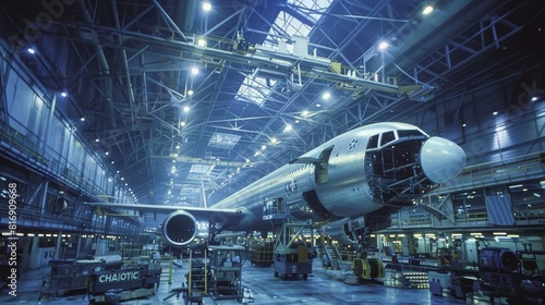 Blue-toned commercial aircraft in an industrial hangar - A commercial jet is depicted in a blue-toned, expansive industrial hangar with maintenance equipment and scaffolding