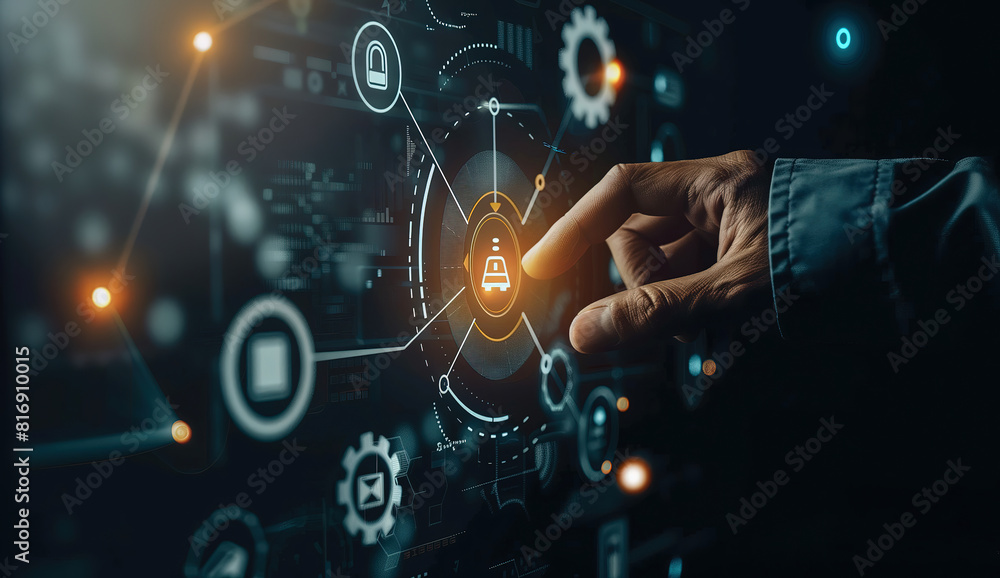 A close-up of a hand interacting with a digital interface composed of glowing blue icons and interconnected elements. A close-up of a hand interacting with a digital interface composed of glowing blue icons and interconnected elements.