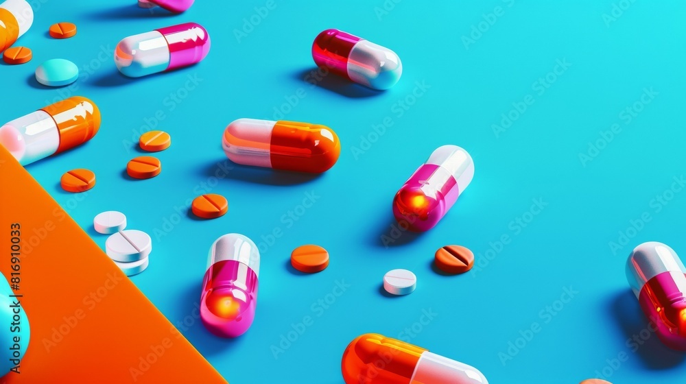 Top view of various pills and capsules on a vibrant blue and orange background Top view of various pills and capsules on a vibrant blue and orange background