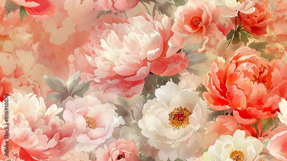 This seamless pattern features lush, blooming peonies in a beautiful design This seamless pattern features lush, blooming peonies in a beautiful design