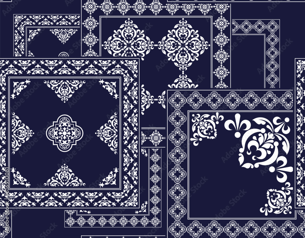 Obraz premium Blue paisley fabric patchwork abstract vector seamless pattern