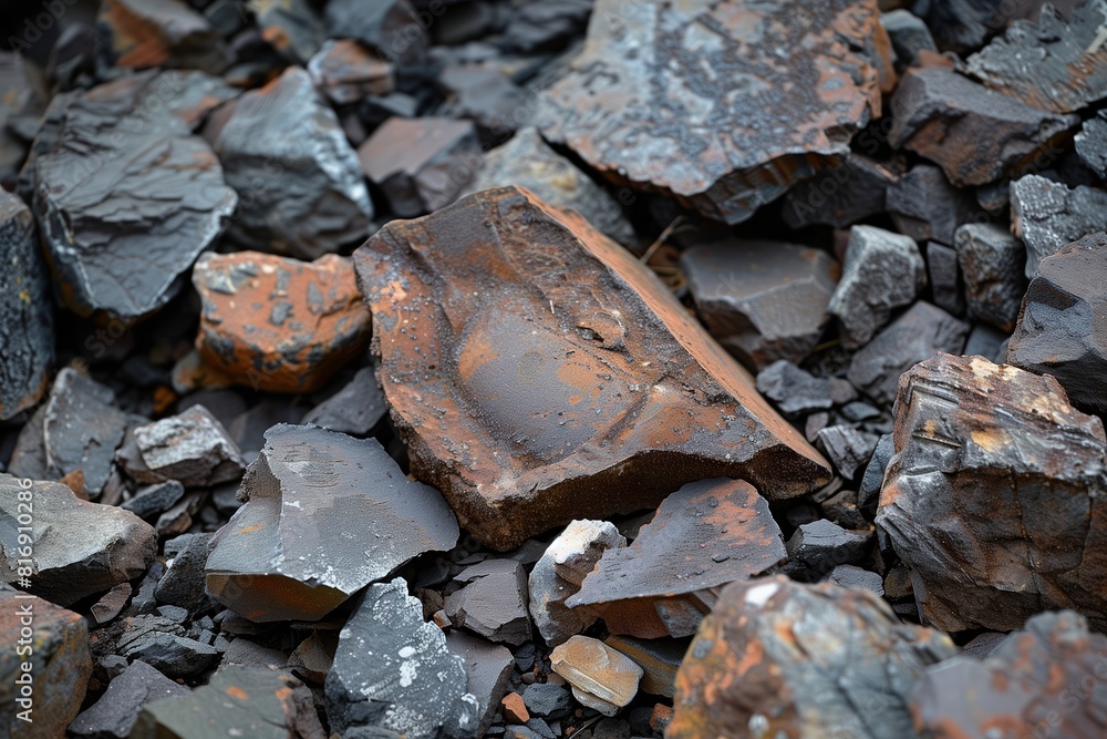 A close-up of coal pieces with noticeable rust deposits, emphasizing weathered effects on the mineral A close-up of coal pieces with noticeable rust deposits, emphasizing weathered effects on the mineral