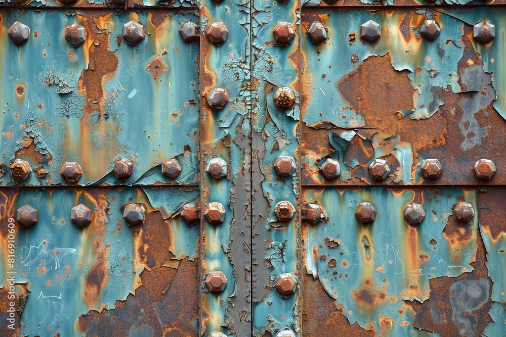 Close-up of a corroded metal surface with flaking turquoise paint and exposed rust, depicting decay and textures Close-up of a corroded metal surface with flaking turquoise paint and exposed rust, depicting decay and textures