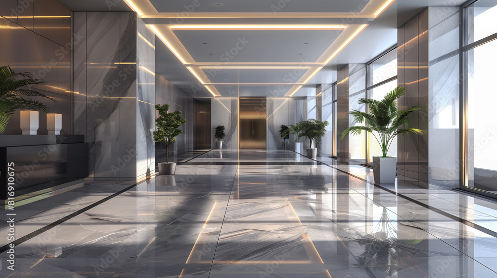 Modern office lobby with a sleek marble floor, minimalistic decor, and potted plants. The space is illuminated by recessed ceiling lights and features large windows.