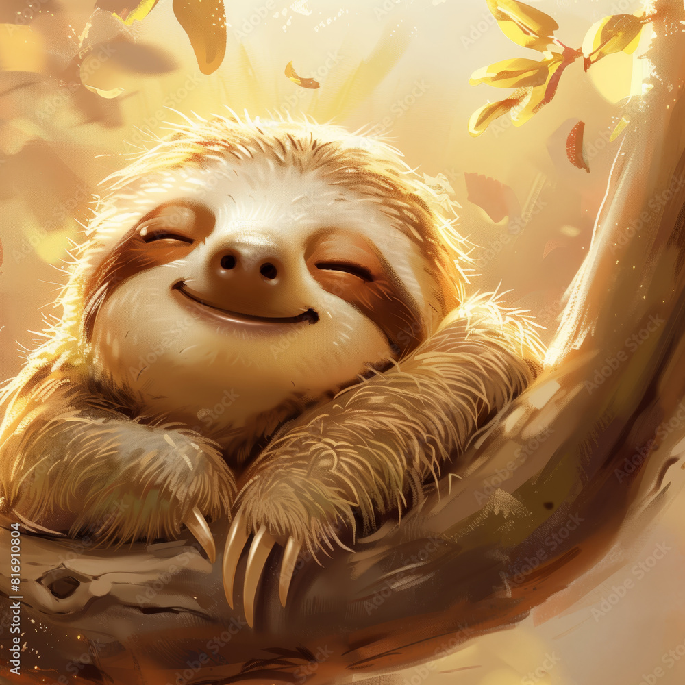 Fototapeta premium A sloth, a slow-moving mammal with long claws, is resting peacefully on a thick tree branch in forest setting. It appears relaxed and content in its natural habitat