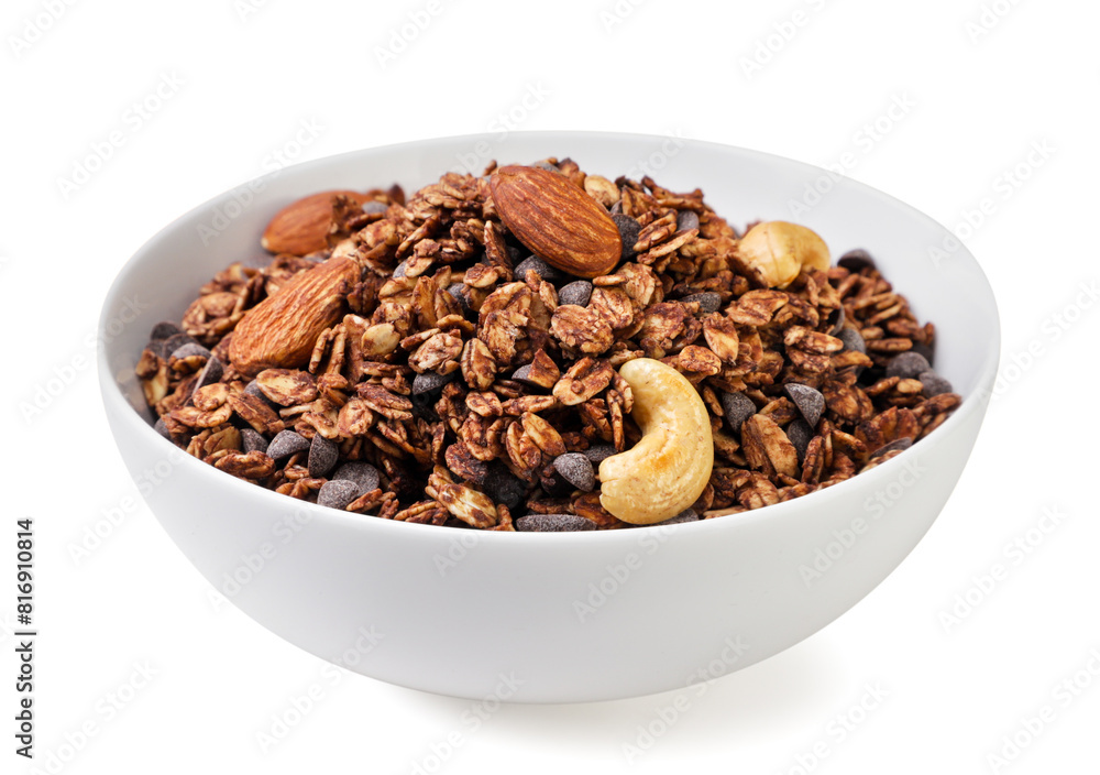 Chocolate granola with nuts in a plate close-up on a white. Isolated Chocolate granola with nuts in a plate close-up on a white. Isolated