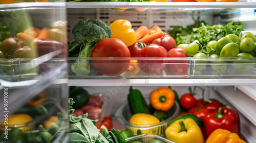 A well-organized refrigerator filled with a variety of fresh vegetables including tomatoes, broccoli, bell peppers, cucumbers, carrots, and leafy greens.