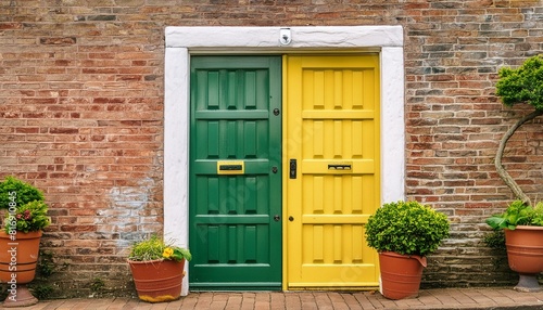 the contrast between a vibrant yellow and green door and a textured old brick wall  creating a visually striking composition.