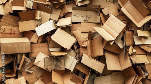 A chaotic pile of used  discarded cardboard boxes of various sizes  showcasing the appearance of post-use packaging materials.