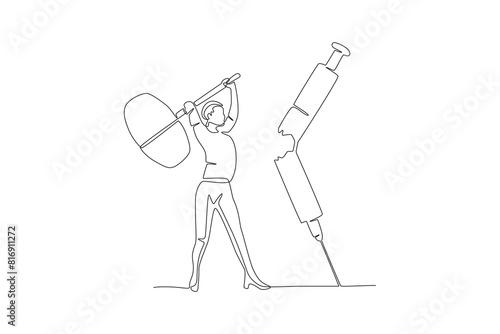 The woman who destroyed the drug injector.Anti drug day one-line drawing