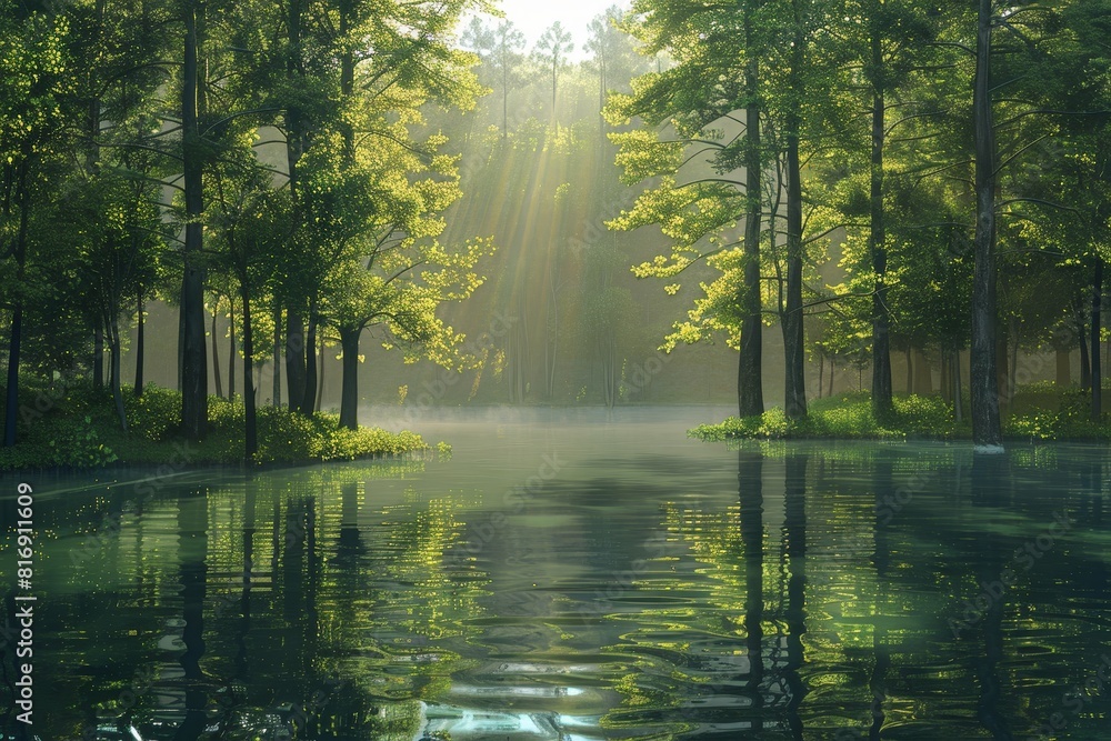 Misty forest with sunbeams and lake reflection - A tranquil forest scene with sun rays piercing through the mist, reflecting off a serene lake Misty forest with sunbeams and lake reflection - A tranquil forest scene with sun rays piercing through the mist, reflecting off a serene lake